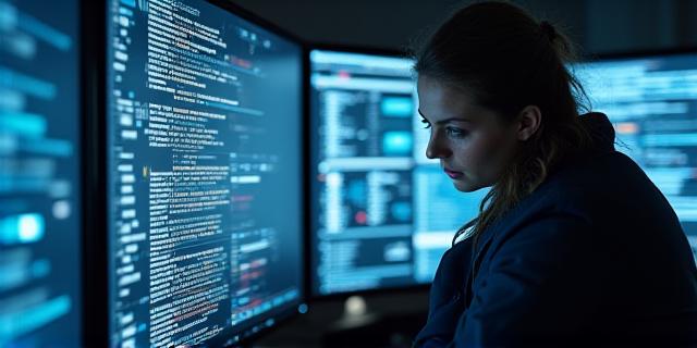 Profesional de ciberseguridad analizando datos en pantallas